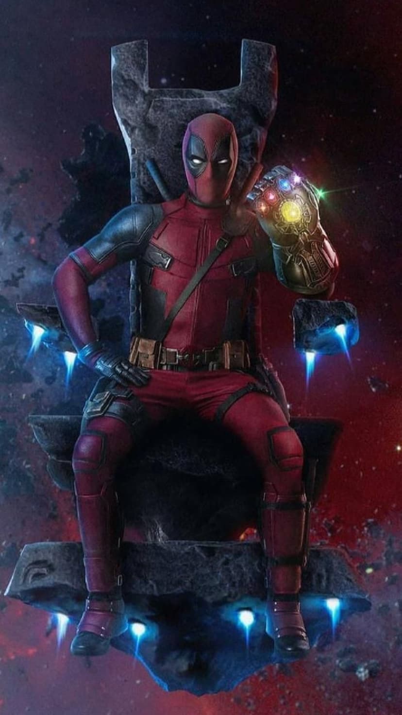 Deadpool rests on a jagged space throne wearing the Infinity Gauntlet with glowing stones amidst a blue nebula.