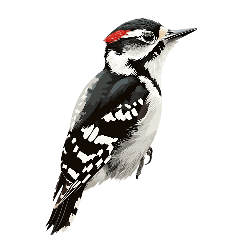 Downy Woodpecker illustration with red head patch perched against a solid black background in profile view.