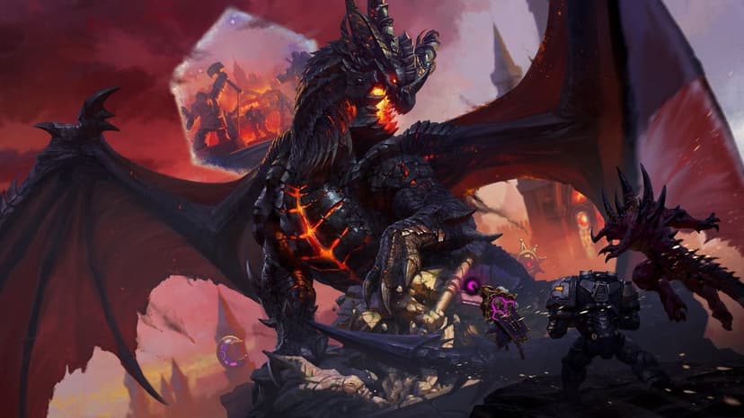 Large black dragon with glowing lava cracks perched on ruins during an epic fantasy and sci-fi battle scene.