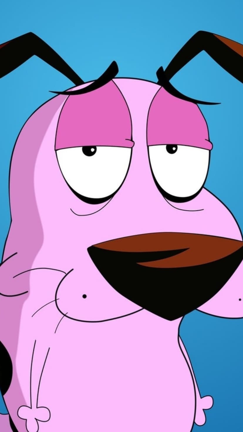 Courage the Cowardly Dog has large white eyes and a brown nose while standing against a solid bright blue background.