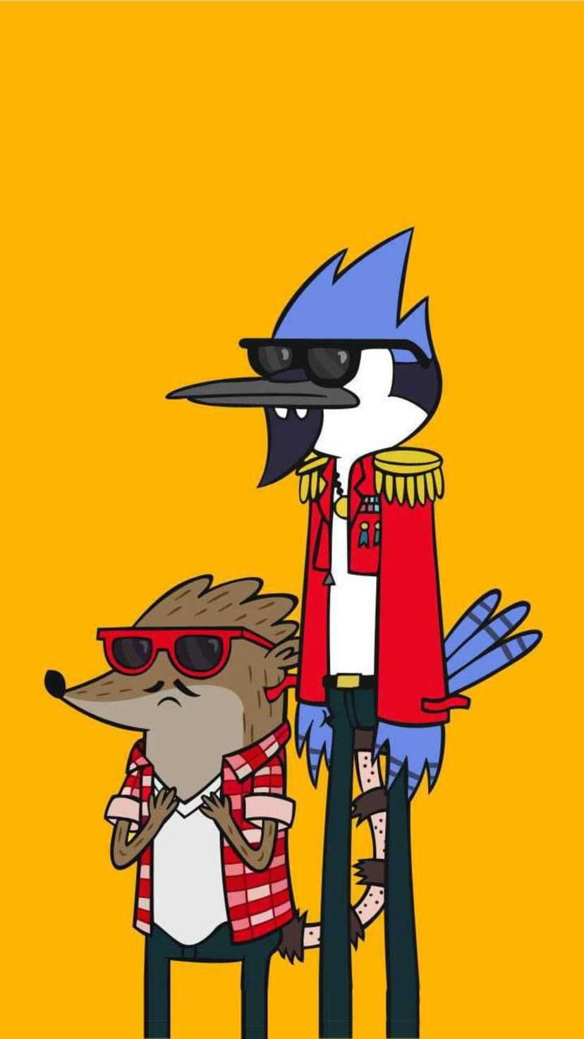 Mordecai and Rigby wear sunglasses and stylish red outfits while posing against a vibrant canary yellow background.