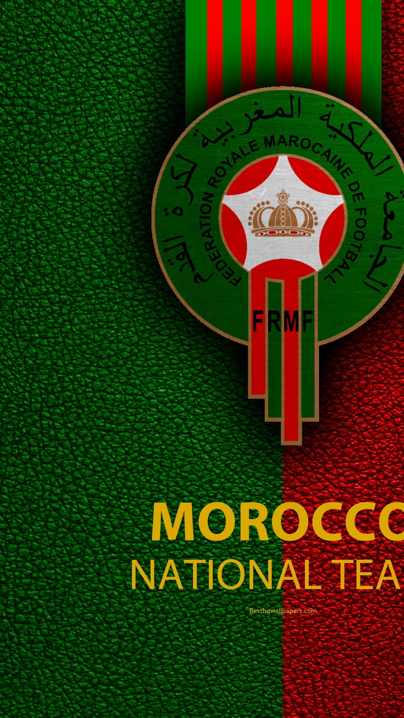 Moroccan football crest with a green pentagram and golden crown centered on a saturated red vertical background.