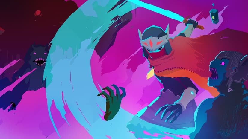 A cloaked warrior swings a glowing blue sword at monsters in a vibrant pink and purple stylized combat scene.