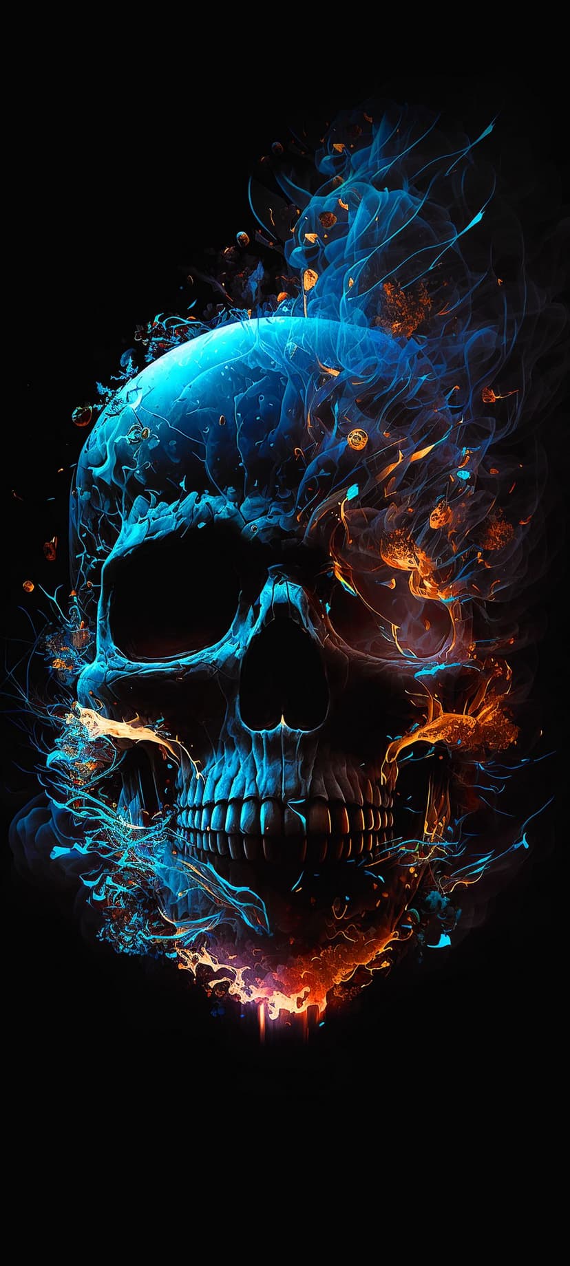 Human skull engulfed in swirling electric blue flames and glowing orange sparks against a solid black background.
