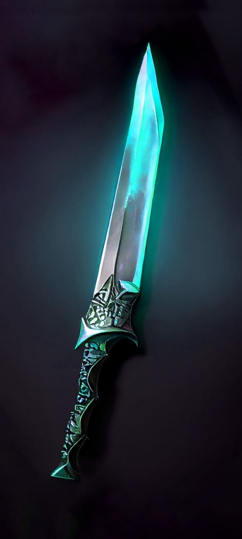 Cyan glowing dagger with ornate silver engravings on the hilt, positioned vertically against a pitch black background