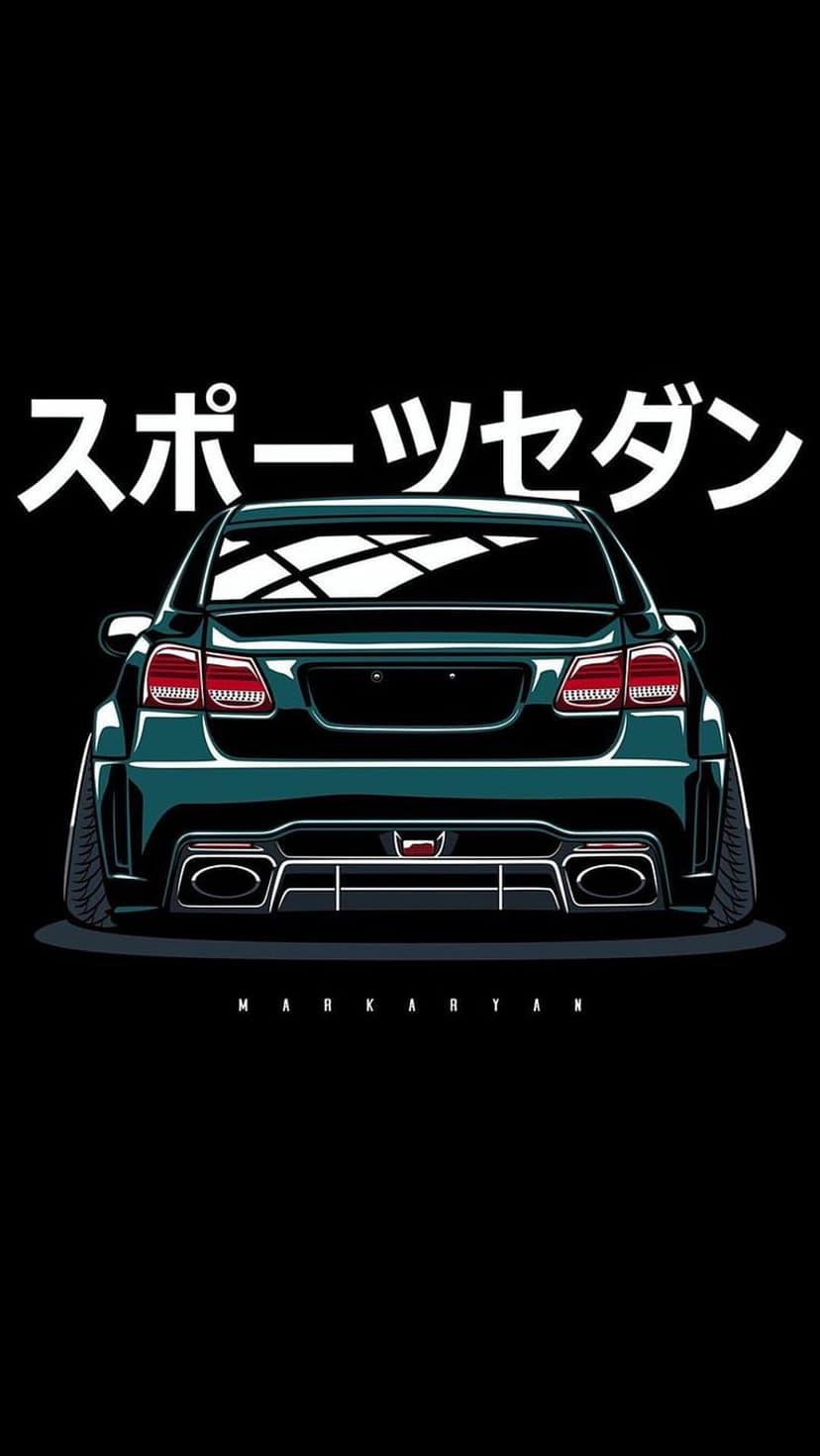Teal Japanese sports sedan with a wide body kit and rear diffuser below white Japanese text on a dark background.