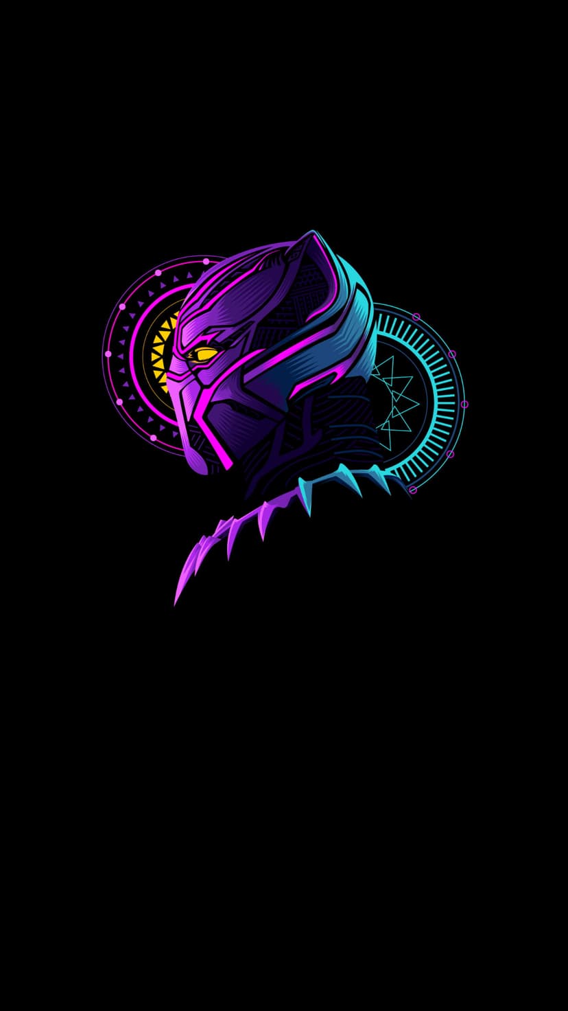 Black Panther mask in profile with glowing purple edges and yellow eyes against a circular geometric backdrop.