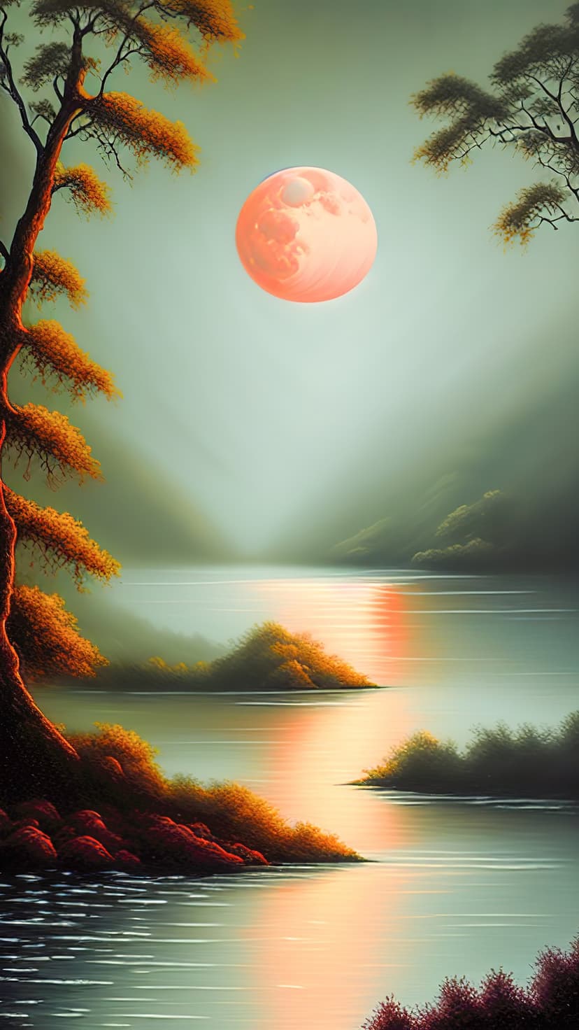 Large peachy moon illuminates a misty lake surrounded by vibrant orange autumn trees reflected in calm water.