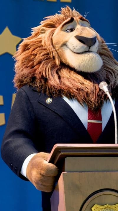 Mayor Lionheart at podium, addressing audience in Zootopia