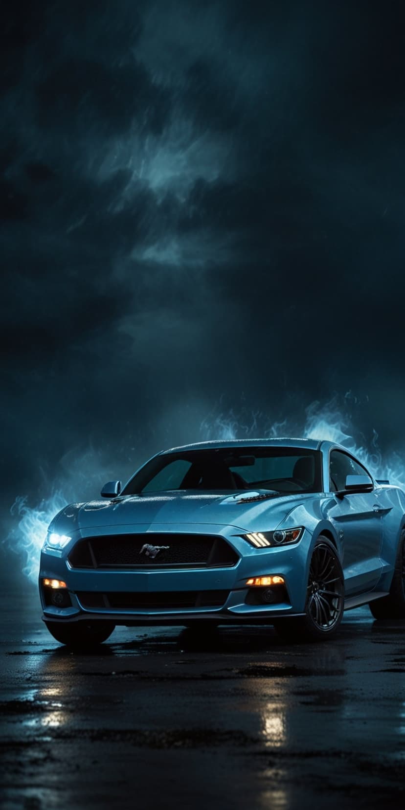 Blue Ford Mustang parked on wet asphalt surrounded by thick blue fog with glowing headlights in a vertical view.