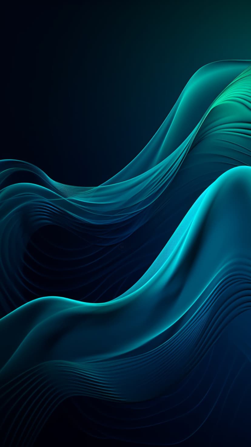 Overlapping translucent waves in teal and dark blue shades create a sense of flowing movement and layered depth.