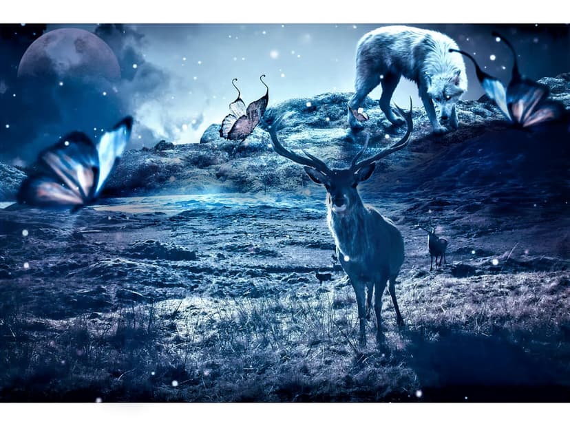 Majestic stag with large antlers stands in a glowing purple forest under a full moon with a wolf on a distant hill.