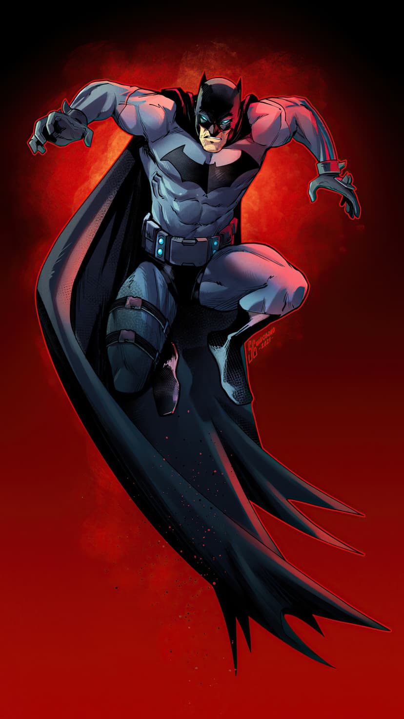 Batman lunges mid-air with a flowing black cape against a vivid red and orange fiery backdrop in a vertical pose.