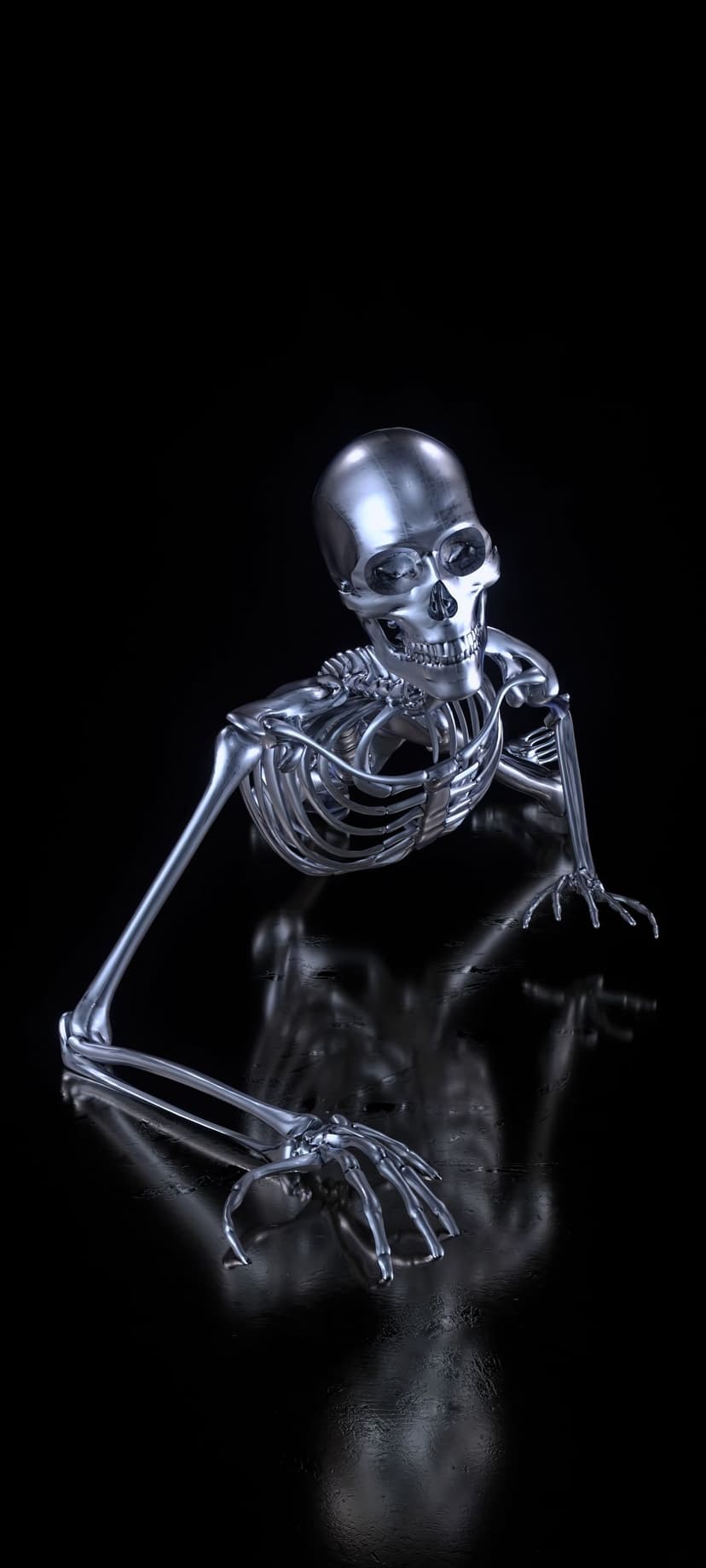 Chrome skeleton with a gleaming skull and ribcage rising from a dark, reflective surface in deep shadow.