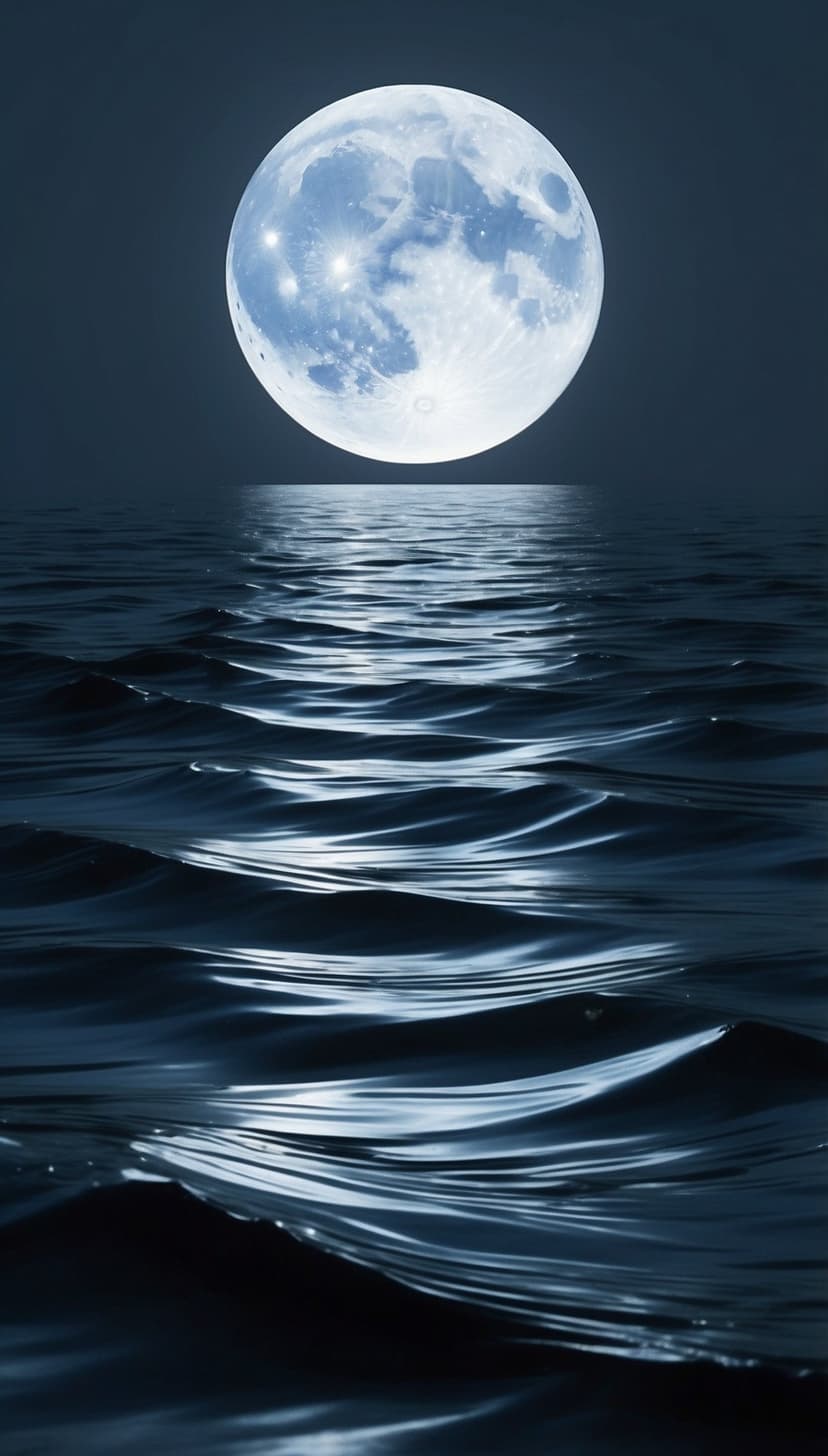 Full moon shining in a dark sky over a calm ocean with a shimmering light reflection on the rippling waves.