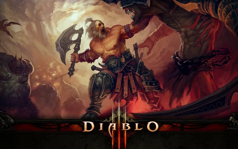 Muscular Barbarian warrior fighting demons in a fiery, smoke-filled battlefield wielding a heavy battle axe.