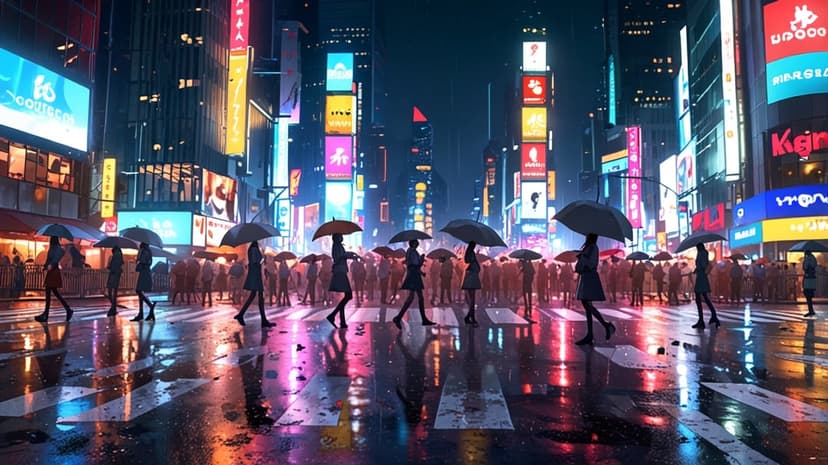 Pedestrians with umbrellas walk on rain-slicked Times Square streets beneath glowing neon billboards at night.