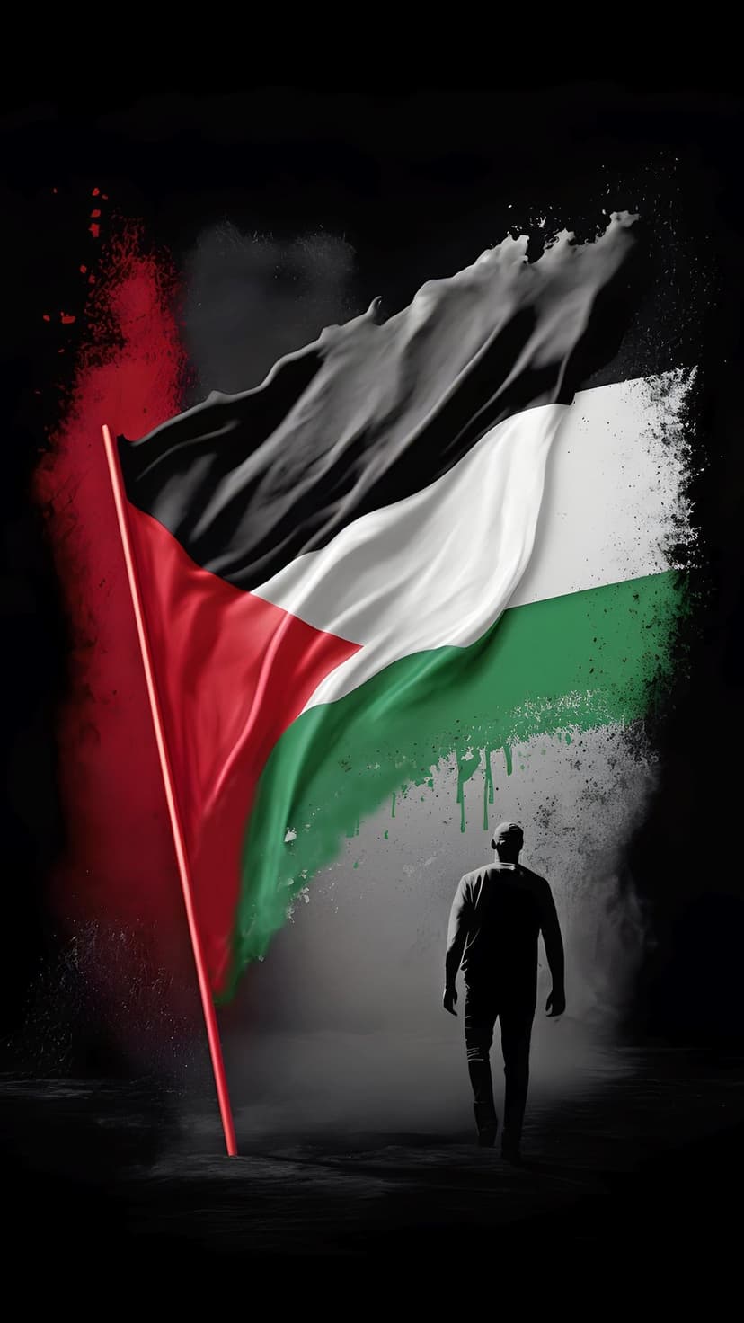 Solitary human silhouette walking away from a large, paint-splattered Palestinian flag on a dark textured background.