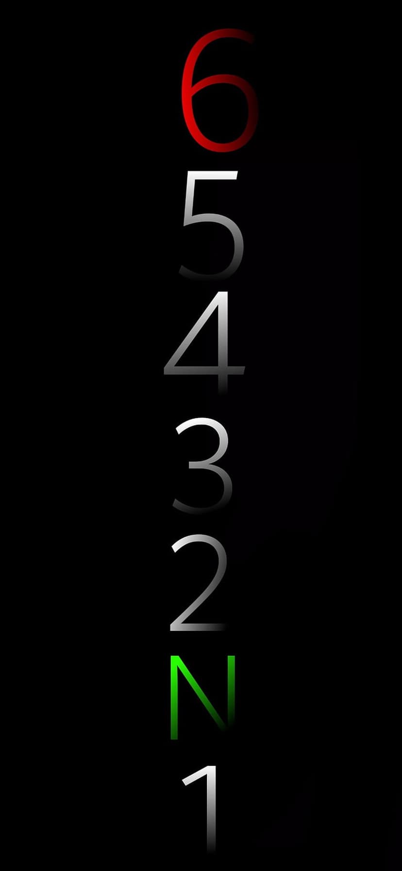 Vertical motorcycle gear numbers featuring a red six and white digits with reflections on a solid black background.