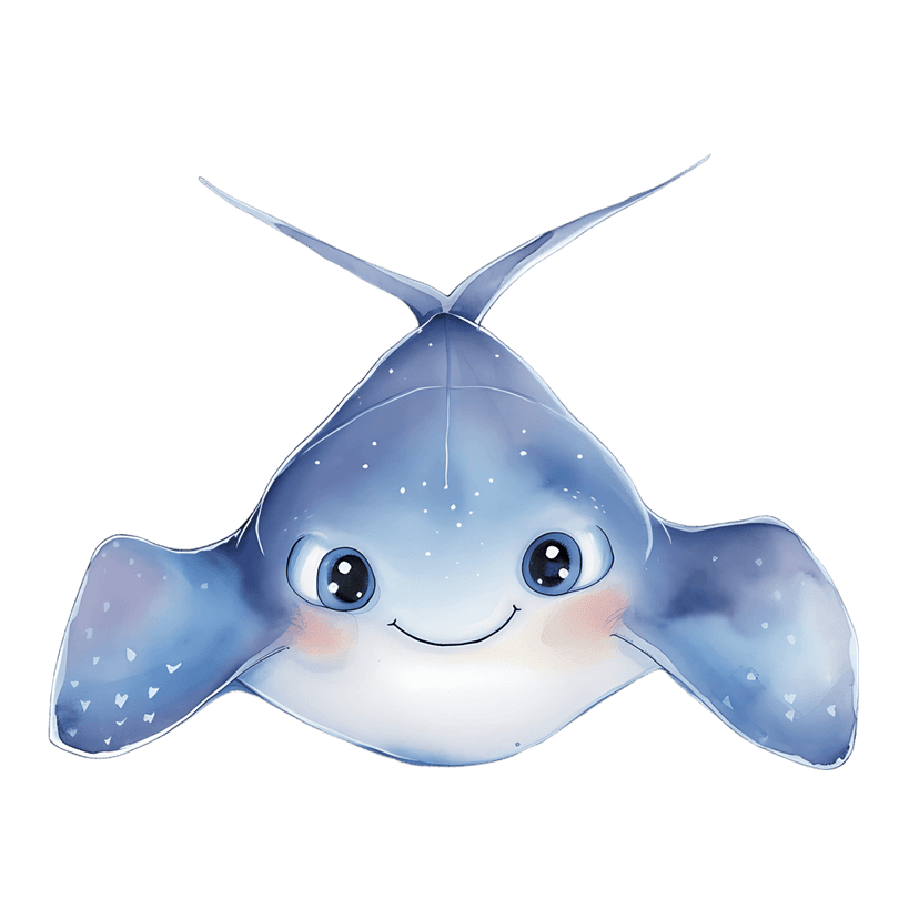 Stingray character illustration features a blue body with white spots and large blue eyes on a transparent base.