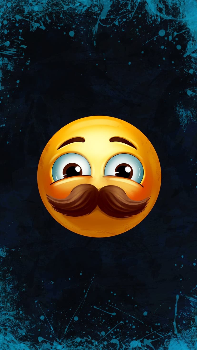 Yellow emoji with a brown mustache and blue eyes centered on a dark background with blue paint splatter effects.