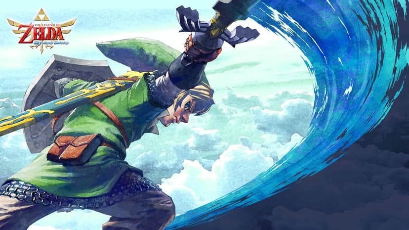 Link swings a sword with a blue energy trail against white clouds in a painterly Legend of Zelda art style.