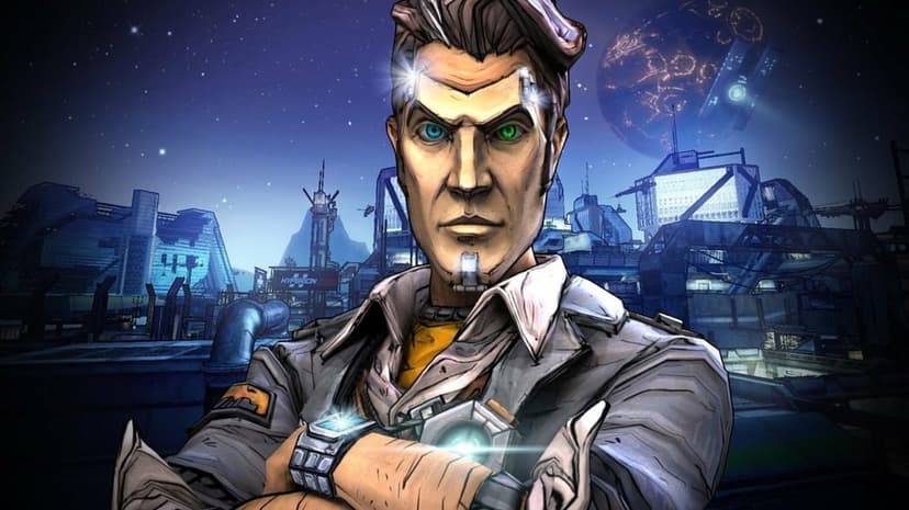 Handsome Jack with heterochromia and crossed arms in front of a futuristic city and a cracked moon at night.