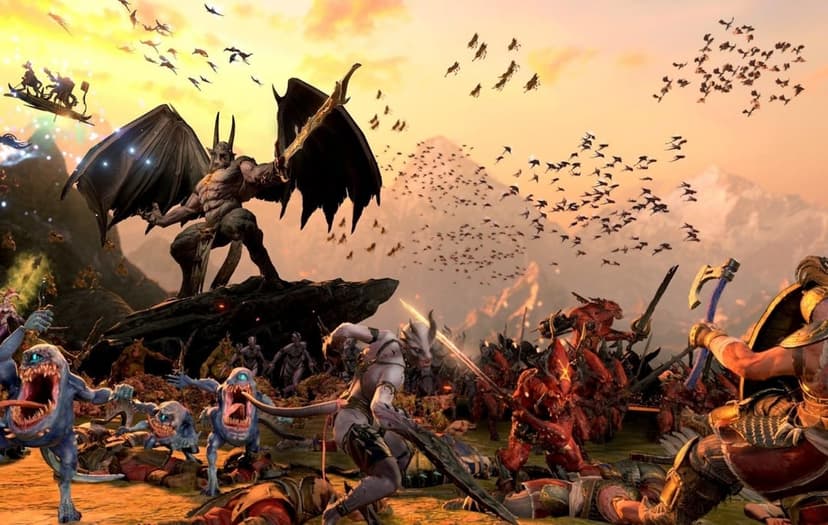 Dark winged demon with a flaming sword leads a chaotic army of monsters during a sunset mountain battle.
