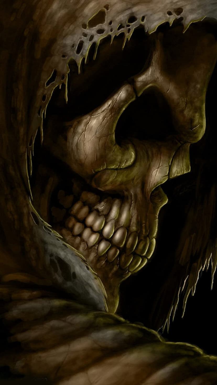 Skeletal Grim Reaper face with a decaying tattered hood and glowing eyes emerges from deep shadows.