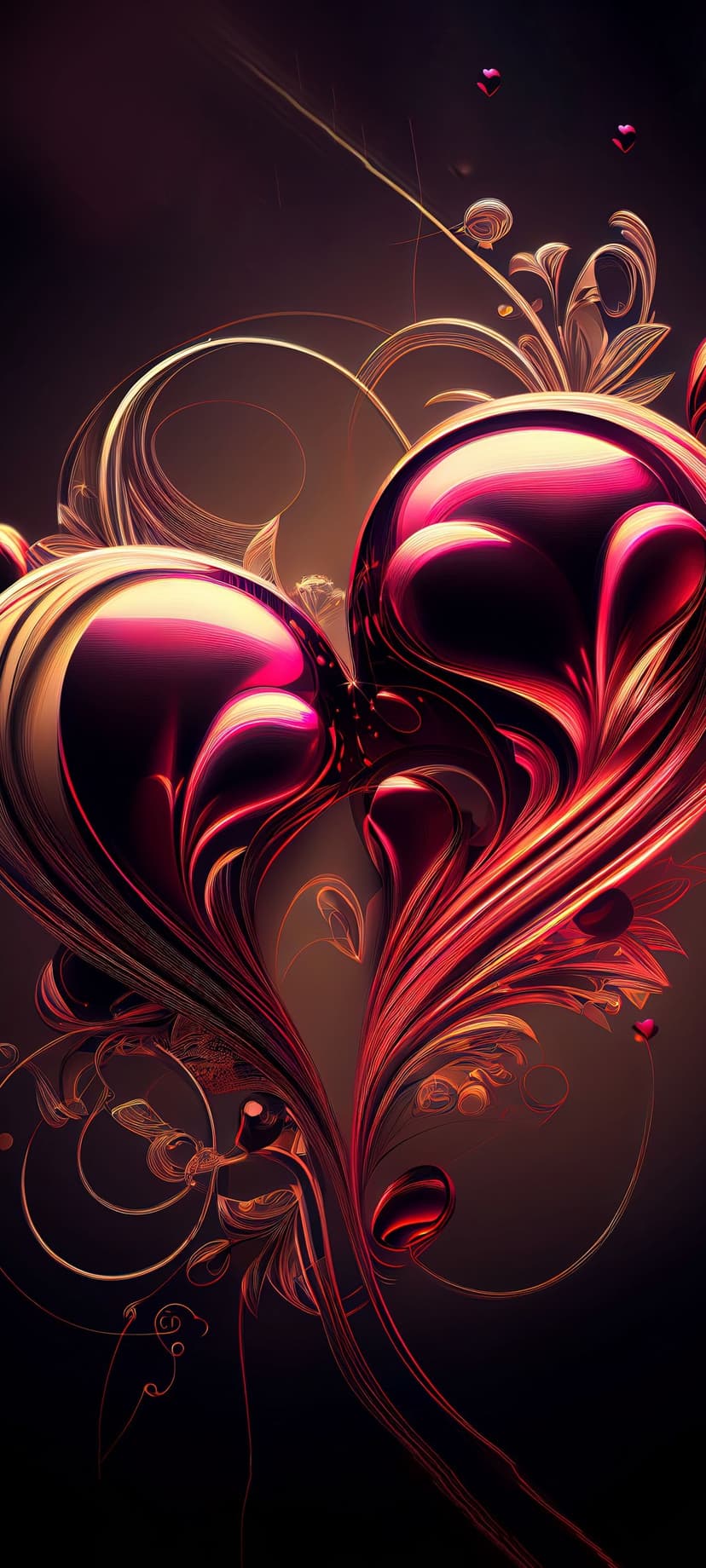 Two glossy red hearts intertwined with flowing gold swirls and ornamental patterns against a dark gradient.