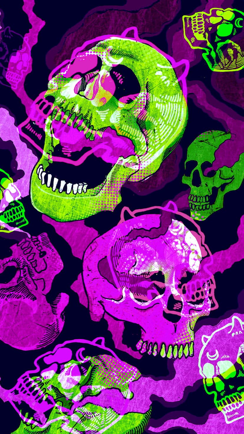 Grinning neon pink and lime green skulls surrounded by swirling smoke and halftone dots on a dark background.