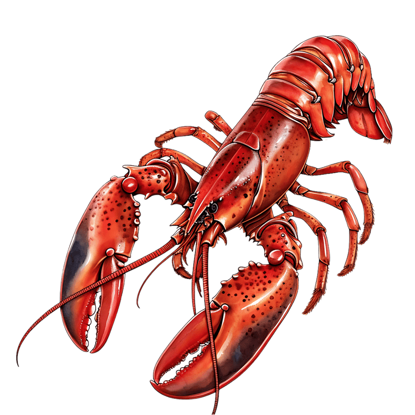 Red lobster illustration shows a realistic crustacean with large claws and detailed segmented shell anatomy.