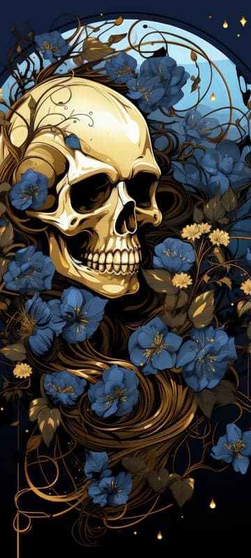 Golden Skull Surrounded by Blue Flowers and Vines
