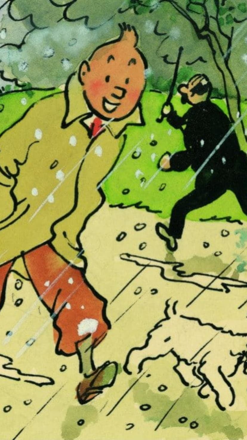 Tintin in a yellow raincoat and Snowy sprint through rain while a man in black pursues them with a cane.