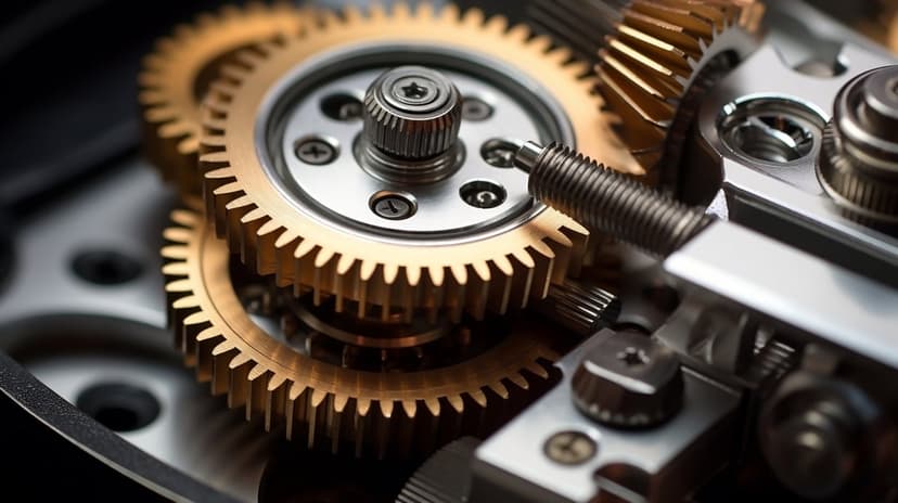 Interlocking golden brass gears and a metallic coiled spring showcasing intricate mechanical clockwork details.