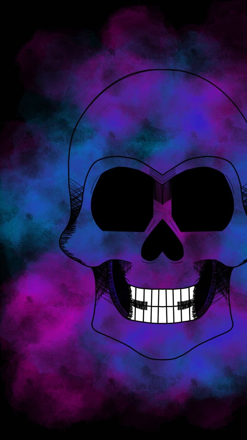 Grinning skull with hollow eyes surrounded by swirling purple and blue cosmic nebula clouds and smoke.