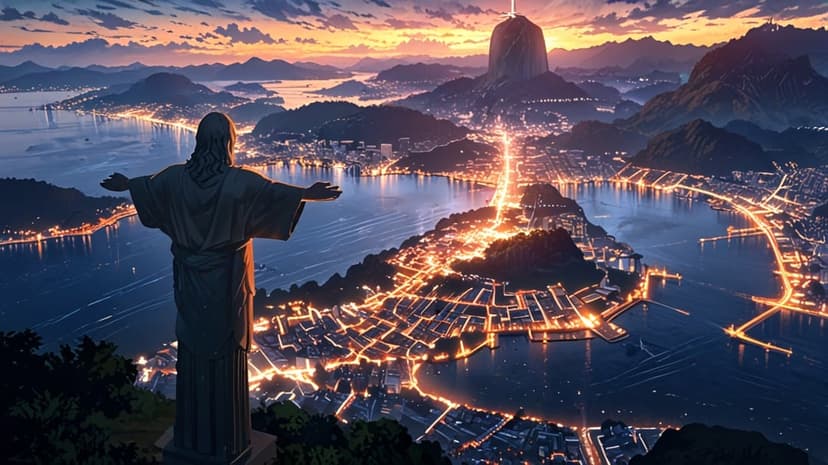 Christ the Redeemer statue overlooks illuminated Rio de Janeiro streets and Sugarloaf Mountain under a sunset sky.