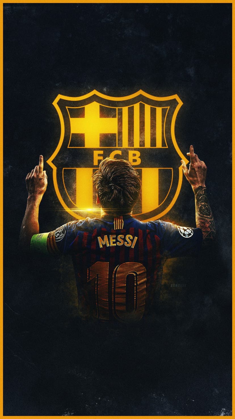 Lionel Messi raises his tattooed arms wearing a number ten Barcelona jersey while looking forward defiantly.