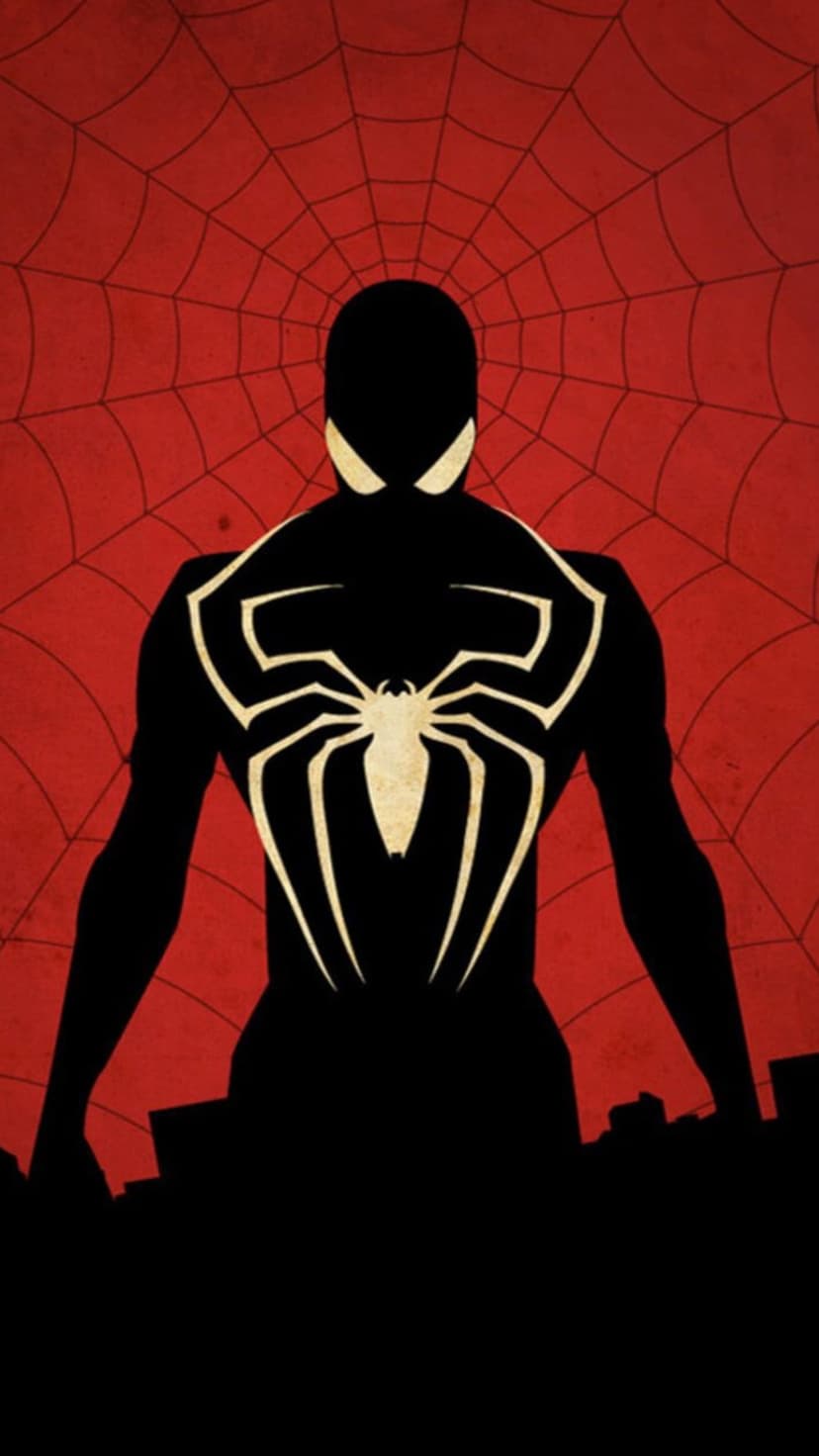 Spider-Man in a black symbiote suit silhouette with white eyes on a red webbed background for mobile screens.