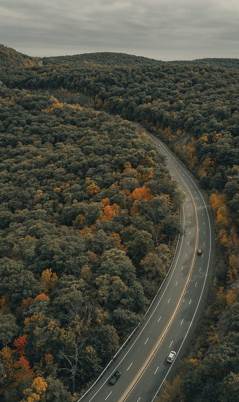 Winding asphalt road through a dense forest of orange and yellow autumn trees seen from a high aerial perspective.