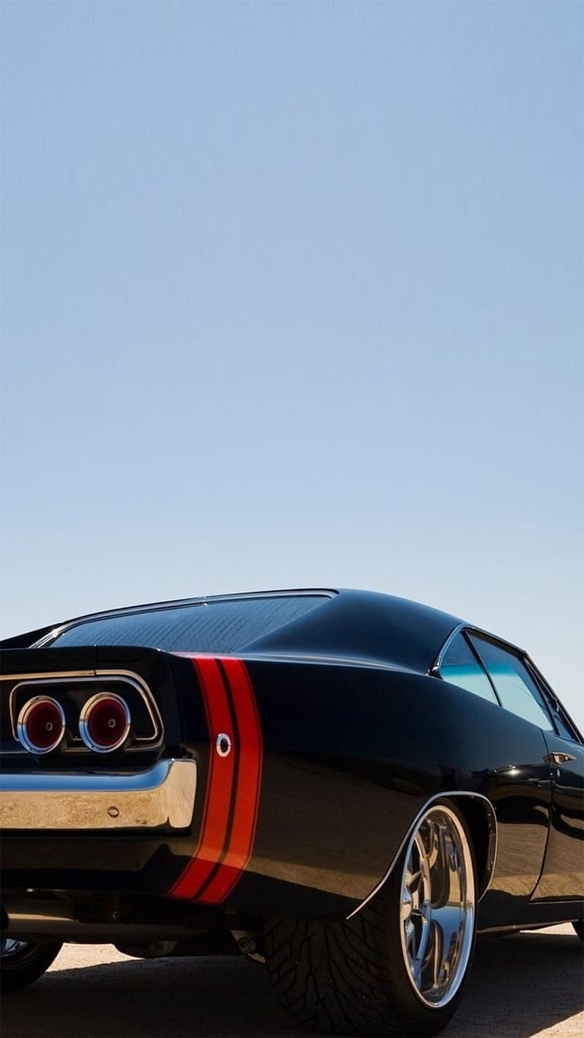 Black Dodge Charger rear view showing dual red taillights, chrome bumper, and racing stripes against a blue sky.