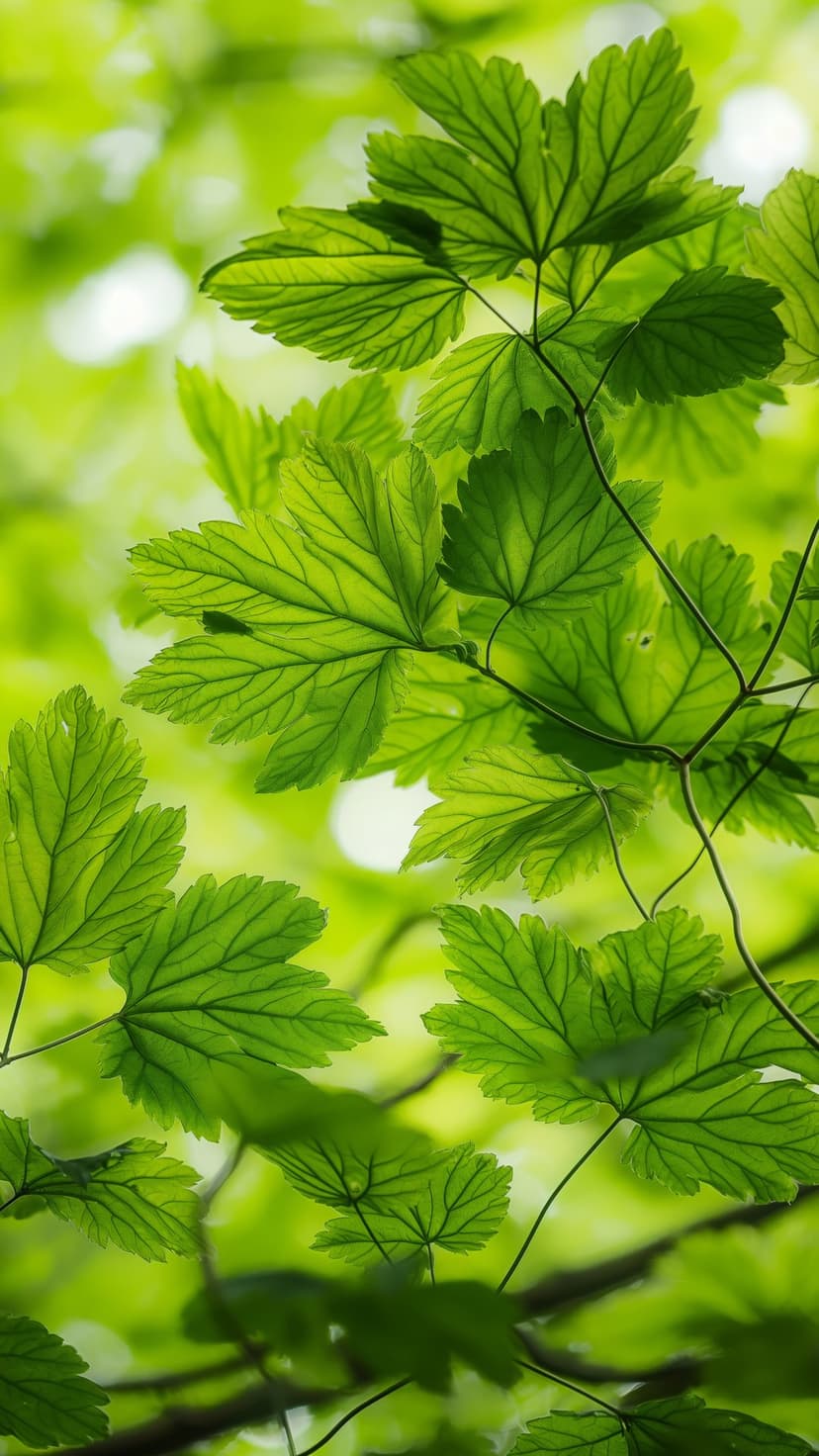 Translucent green leaf veins glow under soft sunlight against a blurred forest backdrop in macro detail.