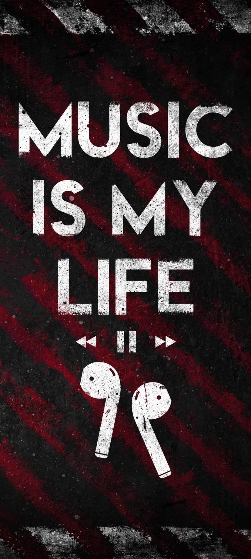 White music quote text and earbuds icons centered over dark textured surface with diagonal red stripes.