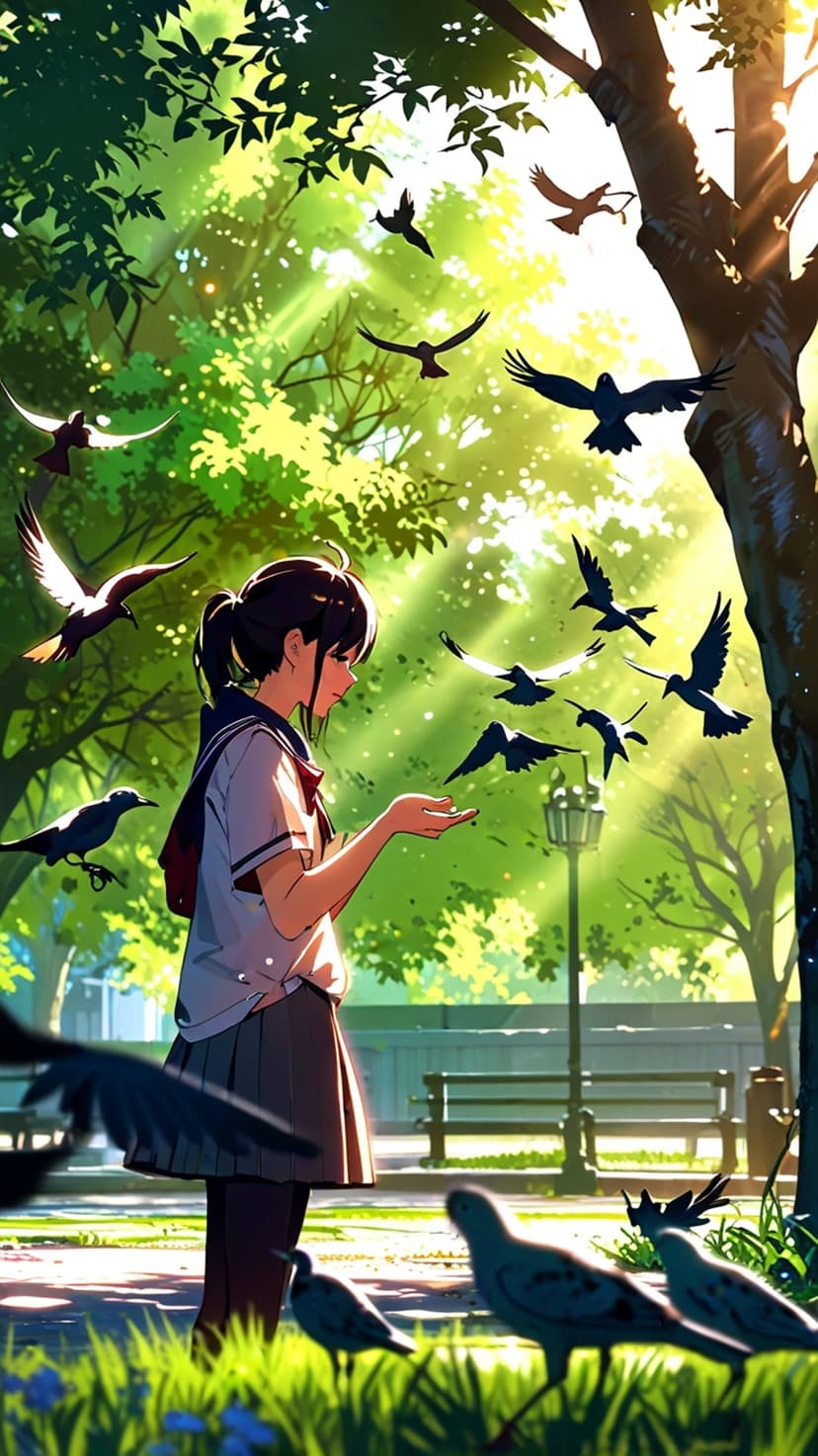 Young girl in a school uniform feeding a flock of birds in a bright, sun-drenched park with lush green trees.