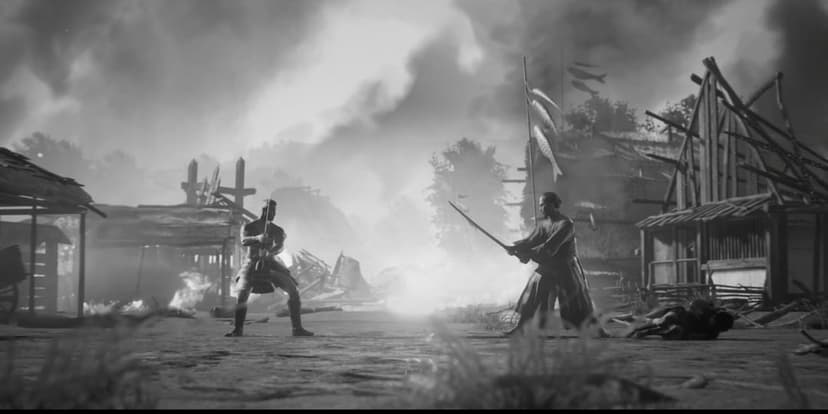Two samurai warriors face off with katanas in a ruined, smoky village featuring traditional koinobori streamers.