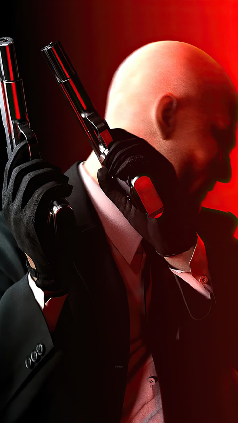 Agent 47 in a black suit dual-wielding silver pistols against a dark red backdrop with dramatic rim lighting.