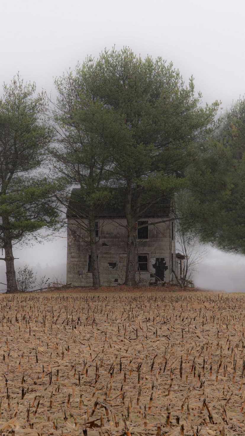 Weathered farmhouse stands behind a harvested field and evergreen trees under a dense layer of grey morning mist.
