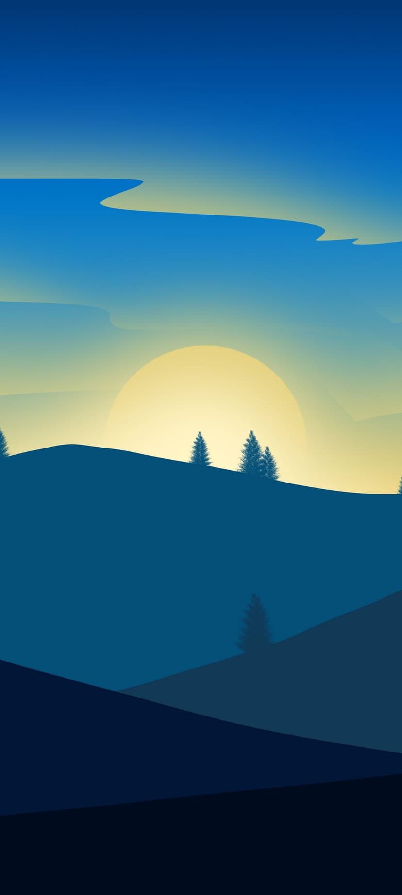 Golden sun rising behind layered blue mountains and silhouetted evergreen trees under a soft gradient sky.