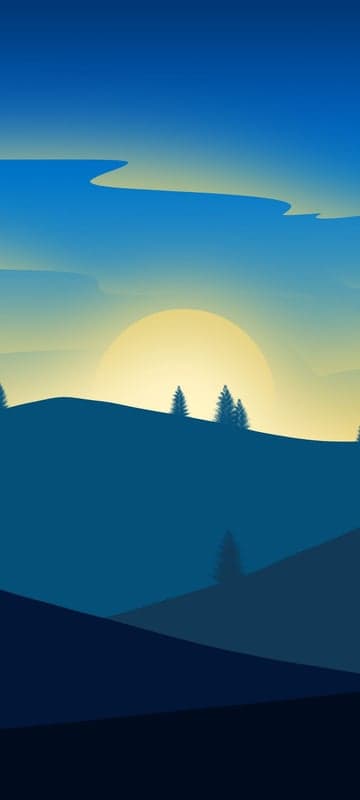 Minimalist Sunrise Over Blue Hills with Silhouetted Trees