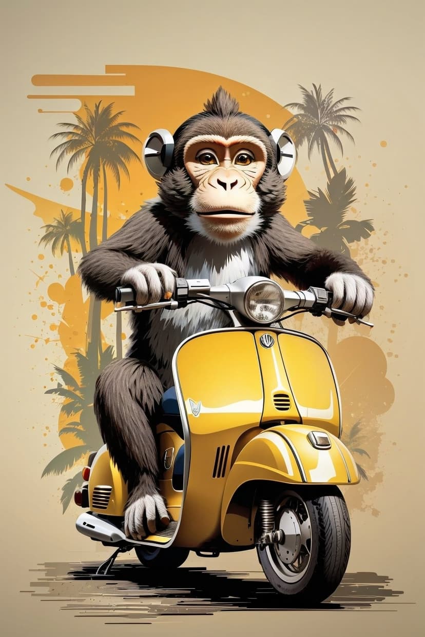 Monkey wearing headphones rides a yellow scooter past palm trees under a warm, stylized tropical sky.